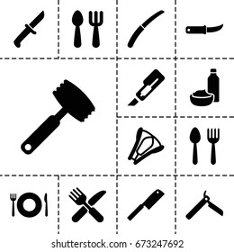 Knife icon. set of 13 filled knifeicons such as spoon and fork, plate fork and spoon, bllade razor, cutter
