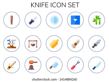 knife icon set. 15 flat knife icons.  Simple modern icons about  - weapons, katana, cooking, plate, cutting board, menu, sugar cane, dagger, sword, hammer game, cleaver, fork