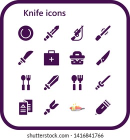knife icon set. 16 filled knife icons.  Collection Of - Plate, Knife, Hunting, Saber, Weapons, Emergency kit, Picnic, Cutlery, Sword, Spoon, Katana, Menu, Fork, pan, Electric razor
