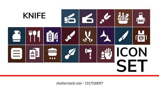 knife icon set. 19 filled knife icons.  Simple modern icons about  - Stapler, Canteen, Menu, Cooking, Kunai, Ax, No weapons, Cutlery, Cutting board, Knife, Sabers, Shuriken, Apron