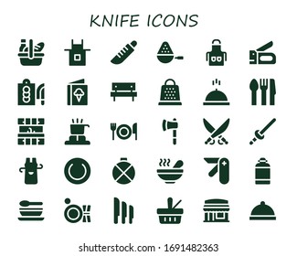 knife icon set. 30 filled knife icons. Included Picnic, Apron, Knife, Spoon, Stapler, Cutting board, Menu, Grater, Meal, Cutlery, Kitchen, Cooker, Fork, Ax, Saber, Sword icons