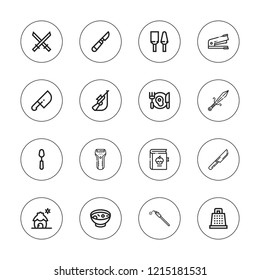 Knife icon set. collection of 16 outline knife icons with cabin, dagger, electric shaver, dinner, grater, knife, katana, hunting, scalpel, recipes, soup, stapler, spoon icons.