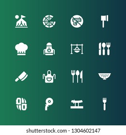 knife icon set. Collection of 16 filled knife icons included Fork, Katana, Cutter, Knifes, Colander, Cutlery, Apron, Cleaver, Cooking, Chef, Ax, No weapons, Pizza, Camp