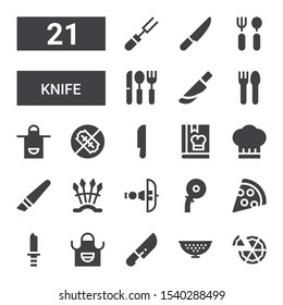 knife icon set. Collection of 21 filled knife icons included Pizza, Colander, Knife, Apron, Cutter, Crossbow, Weapons, Chef, Cook, No weapons, Cutlery, Fork