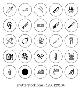 Knife icon set. collection of 25 outline knife icons with boiled, camping, cutlery, cutting board, electric shaver, fork, knive, hunger, hunting icons. editable icons.