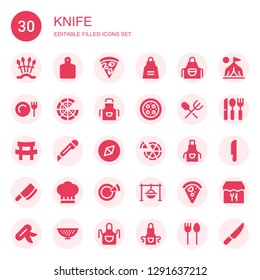 knife icon set. Collection of 30 filled knife icons included Weapons, Cutting board, Pizza, Apron, Dinner, Cutlery, Katana, Cutter, Adventure, Cleaver, Chef, Cooking, Camp, Knife