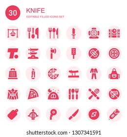 knife icon set. Collection of 30 filled knife icons included Cooking, Eating utensils, Cutlery, Knife, Aqualung, Turner, Katana, Ax, Grater, No weapons, Cutter, Pizza, Diving