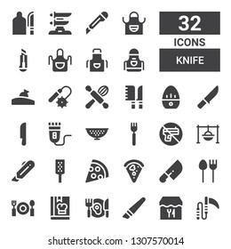 knife icon set. Collection of 32 filled knife icons included Weapon, Restaurant, Cutter, Dinner, Cook, Cutlery, Knife, Pizza, Grater, Cooking, No weapons, Fork, Colander, Electric shaver