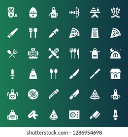 knife icon set. Collection of 36 filled knife icons included Knife, Cleaver, Cooker, Pizza, Apron, Cutter, No weapons, Restaurant, Pallete Cutlery, Camping, Cooking, Aqualung