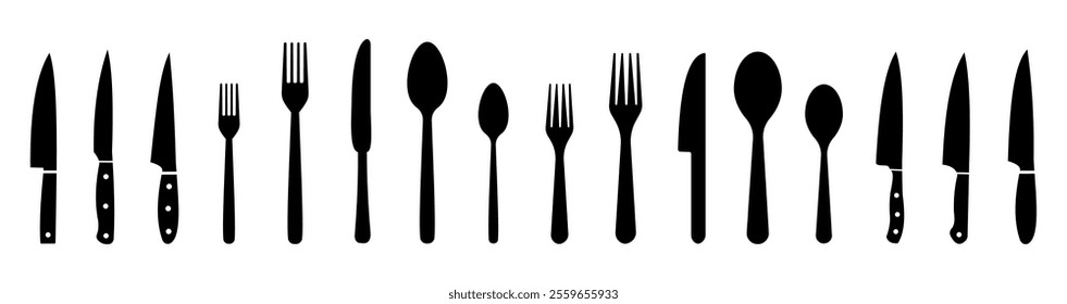 Knife icon. Set different fork, spoon and knife icons sign. Silverware icons. Logotype menu. Menu symbol. Black silverware icon. Vector illustration.