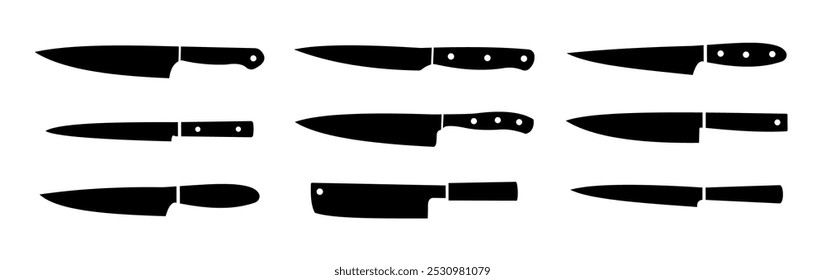 Icono de cuchillo. Conjunto de silueta de cuchillo de cocina. Ilustración vectorial del logotipo del cuchillo