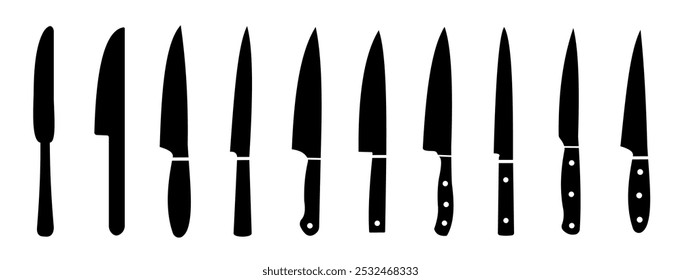 Icono de cuchillo. Conjunto de silueta de cuchillo de cocina. Ilustración vectorial del logotipo del cuchillo