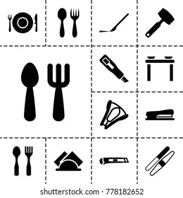 Knife icons. set of 13 editable filled knife icons such as fork and spoon, sawing, table with plates and pan, scalpel, cutter, stapler, napkin