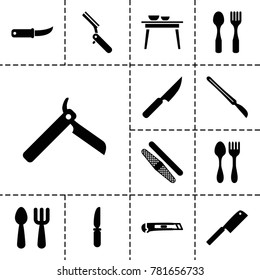 Knife icons. set of 13 editable filled knife icons such as fork and spoon, bllade razor, scalpel, cutter, sawing