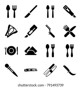 Knife icons. set of 16 editable filled knife icons such as spoon and fork, sawing, cutter, stapler, napkin, bllade razor, nail sawing