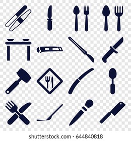 Knife icons set. set of 16 knife filled icons such as spoon and fork, nail sawing, sawing, spoon, scalpel, cutter