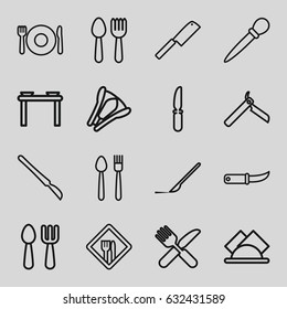 Knife icons set. set of 16 knife outline icons such as spoon and fork, plate fork and spoon, bllade razor, nail sawing, scalpel, stapler, napkin