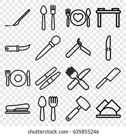 Knife icons set. set of 16 knife outline icons such as spoon and fork, plate fork and spoon, bllade razor, nail sawing, sawing, scalpel, stapler
