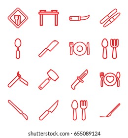 Knife icons set. set of 16 knife outline icons such as spoon and fork, plate fork and spoon, bllade razor, sawing, scalpel