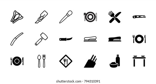 Knife icons. set of 18 editable filled and outline knife icons: plate fork and spoon, cutter, stapler, restaurant