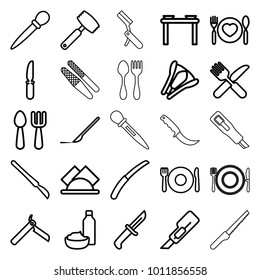 Knife icons. set of 25 editable outline knife icons such as plate fork and spoon, fork and spoon, bllade razor, nail sawing, cutter, scalpel, stapler, napkin