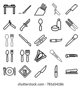 Knife icons. set of 25 editable outline knife icons such as spoon and fork, plate fork and spoon, bllade razor, nail sawing, sawing, scalpel, cutter, stapler
