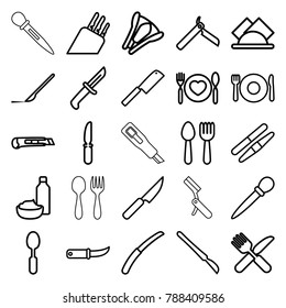 Knife icons. set of 25 editable outline knife icons such as spoon and fork, plate fork and spoon, bllade razor, nail sawing, sawing, scalpel, cutter, stapler