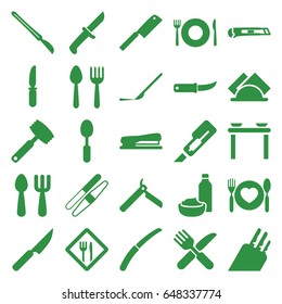 Knife icons set. set of 25 knife filled icons such as spoon and fork, plate fork and spoon, bllade razor, sawing, cutter, scalpel, stapler, napkin