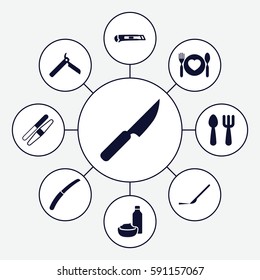 knife icons set. Set of 9 knife filled icons such as fork and spoon, bllade razor, sawing, drink and food, scalpel, plate with spoon and fork