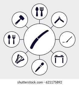 Knife icons set. set of 9 knife filled icons such as spoon and fork, fork and spoon, bllade razor, nail sawing, scalpel, stapler