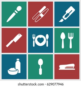 Knife icons set. set of 9 knife filled icons such as spoon and fork, nail sawing, sawing, cutter, drink and food, spoon, plate with spoon and fork, stapler