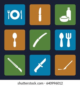Knife icons set. set of 9 knife filled icons such as plate fork and spoon, fork and spoon, drink and food, spoon