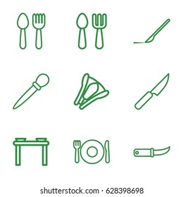 Knife icons set. set of 9 knife outline icons such as spoon and fork, plate fork and spoon, nail sawing, scalpel