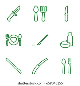 Knife icons set. set of 9 knife outline icons such as fork and spoon, drink and food