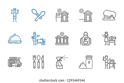 knife icons set. Collection of knife with food and restaurant, electric razor, tools and utensils, cutlery, food truck, rotisserie, apron, cabins. Editable and scalable knife icons.