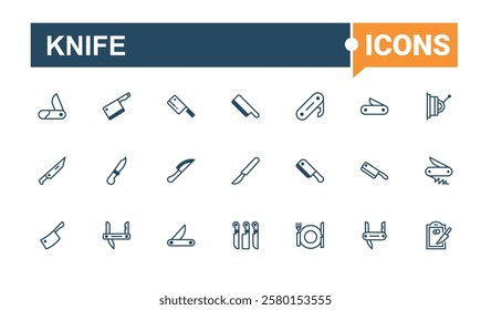 Knife icons set in linear style. Contains related to stainless, tool, object, table, steel, dining, graphic, butcher. Solid line editable stroke.