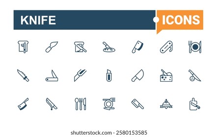 Knife icons set in linear style. Contains related to stainless, tool, object, table, steel, dining, graphic, butcher. Solid line editable stroke.