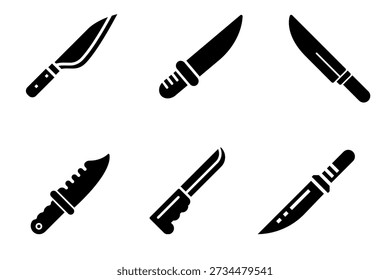 Knife Icons Set, Sharp Blade Silhouettes Collection, Kitchen Cutlery and Weapon Symbols Isolated on White Background.