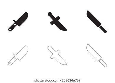 Knife icons set simple clean and smooth Solid and Outline Styles vector icons in black on a white background.

