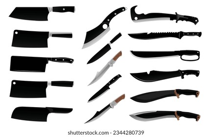 knife icons set - vector realistic different kitchen knives closeup isolated on transparent background. Knife png. Kitchen appliances png.
