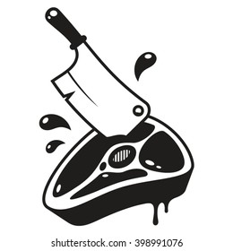 Knife inside a big piece of meat. Vector logo.