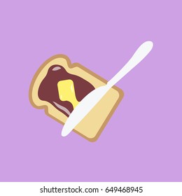 Knife isolated spreading margarine flat design style vector cartoon on a slice of toast. modern Slice & clean bread with stretched hot butter & sweet Blueberries purple jam Jelly.