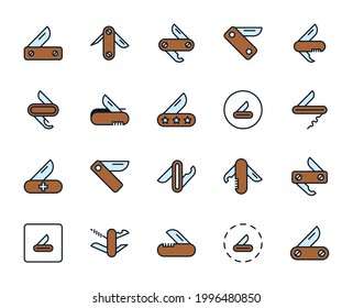 Juego de iconos de línea de Cuchillo. Colección de logotipo de esquema de color de alta calidad para conceptos móviles y aplicaciones web. Viaje en estilo moderno y plano. Ilustración vectorial en fondo blanco