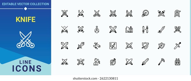 Knife line icon set. Pack of medieval, saber, blade, sharp, swords, battle, weapon and more. Sword And Knife linear icon set. Vector outline icons collection. Vector illustration.