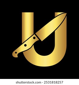 O logotipo da faca combina-se com o modelo de vetor da letra U