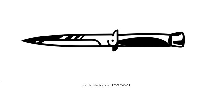 Knife logo illustration. Vector. Painted gangster knife. Black and white contour graphic drawing. Tattoo. Decorative element for design.