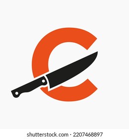Knife Logo On Letter C Concept For Restaurant and Kitchen Symbol Logotype
