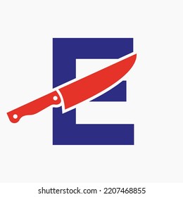 Knife Logo On Letter E Concept For Restaurant and Kitchen Symbol Logotype