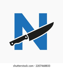 Knife Logo On Letter N Concept For Restaurant and Kitchen Symbol Logotype