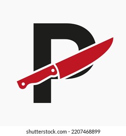 Knife Logo On Letter P Concept For Restaurant and Kitchen Symbol Logotype